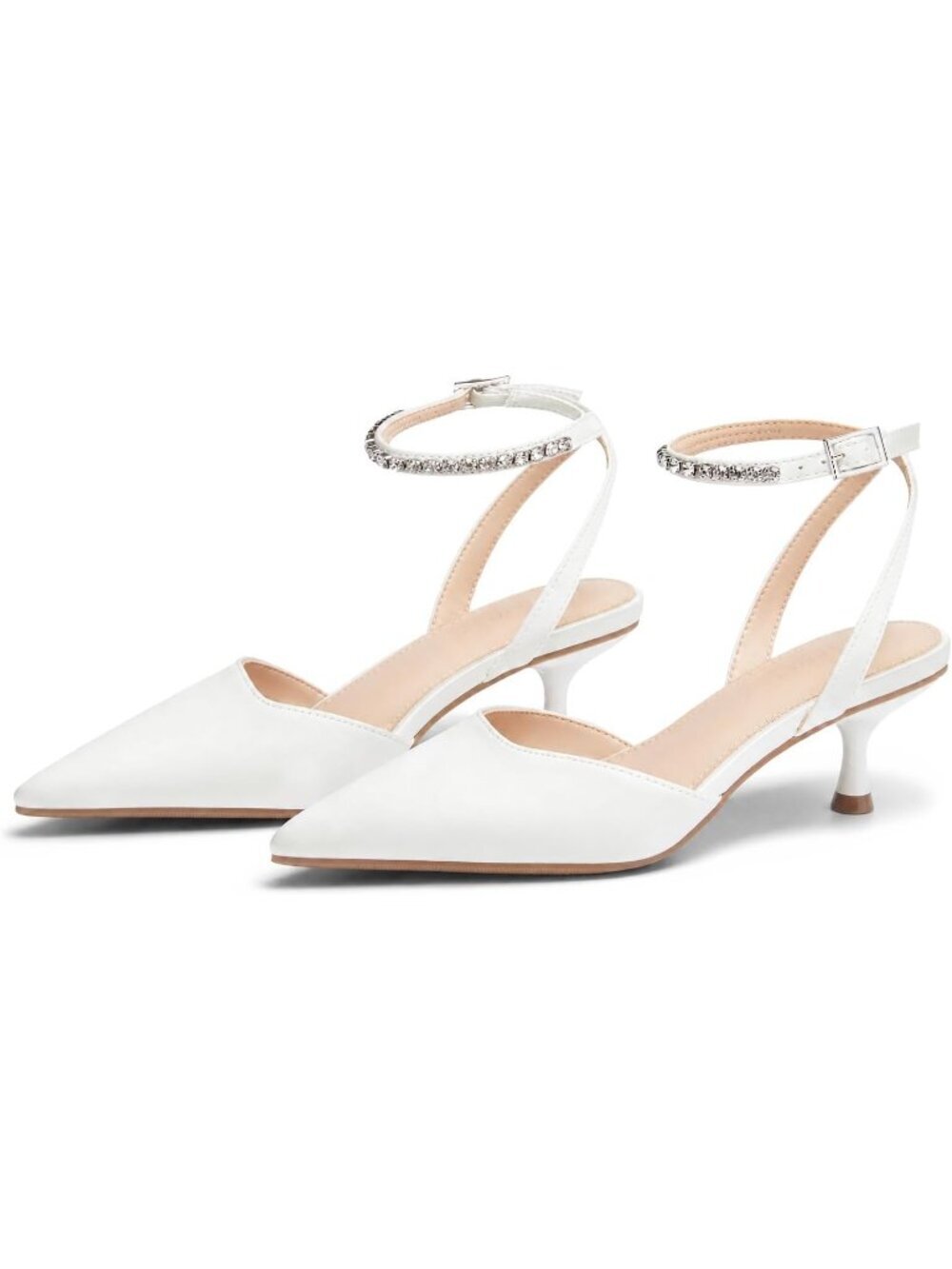 Women's White Low Kitten Heels Closed Pointed Toe Pumps Rhinestone Ankle Strap